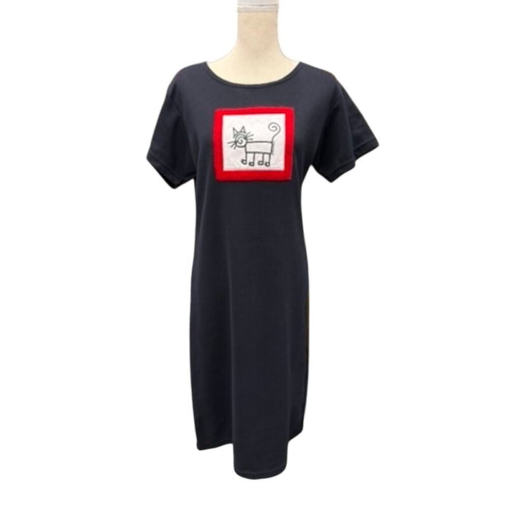 "POG" MADE IN USA Vtg Y2k Cat Art Dress SZ M Whimsical Lagenlook Signed PLZ READ